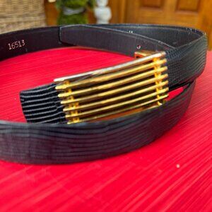Vintage Carlisle Black Leather Belt Gold Grated Buckle Size M